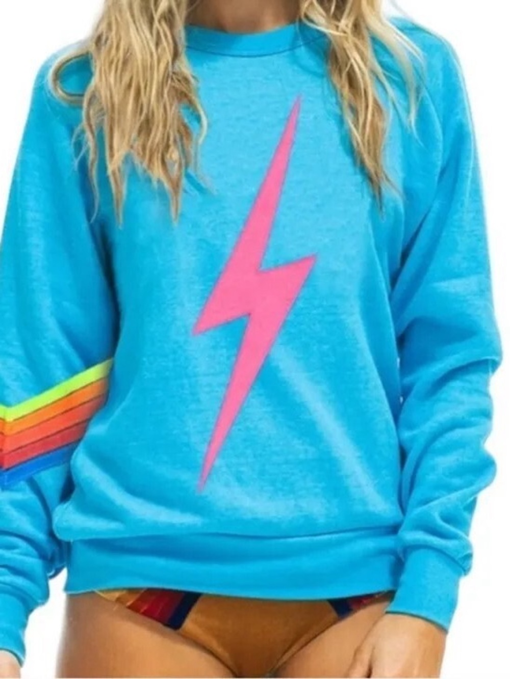 Aviator Nation Blue Crewneck Sweatshirt Neon Pink Lightning Bolt Size Small